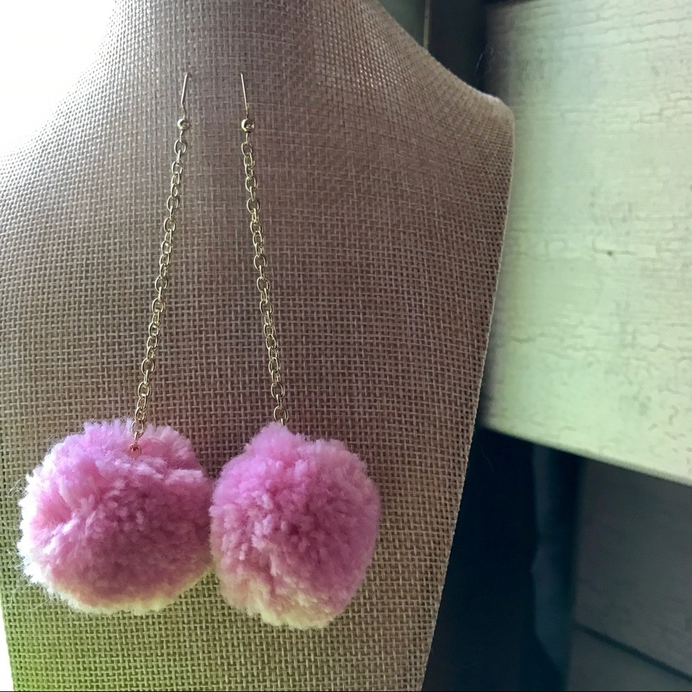 Pink Pom Pom Earrings on Gold Chain